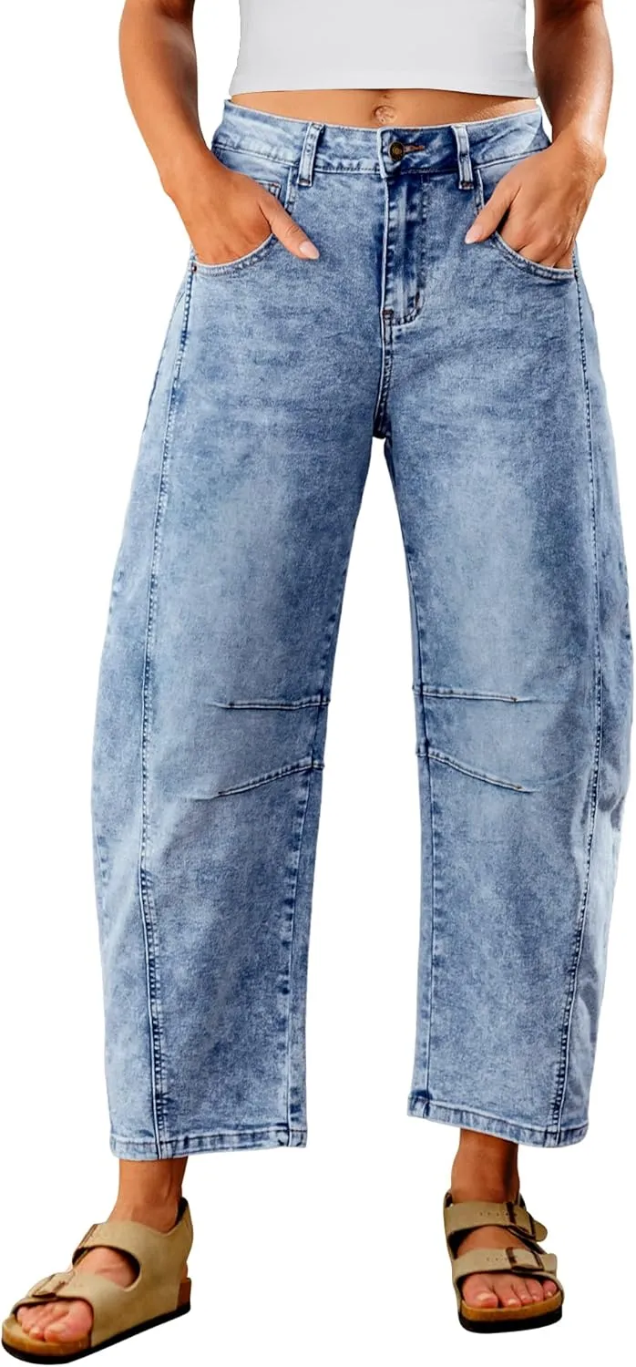 Utyful Barrel Jeans Women Cropped Baggy Trendy High Waisted Distressed Loose Stretch Denim Trouser Jeans with Pockets