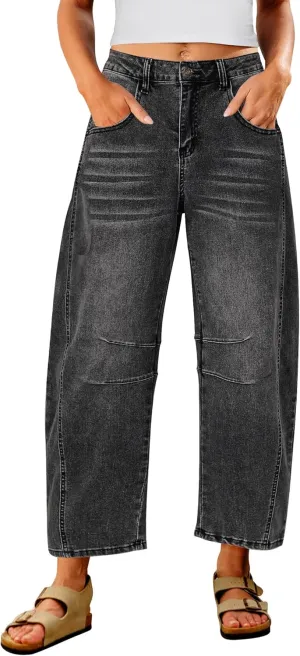 Utyful Barrel Jeans Women Cropped Baggy Trendy High Waisted Distressed Loose Stretch Denim Trouser Jeans with Pockets