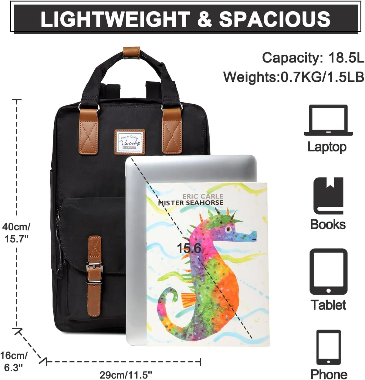 VASCHY School Backpack for Men and Women, Unisex Vintage Water Resistant Casual Daypack Rucksack Bookbag for College Fits 15inch Laptop Black