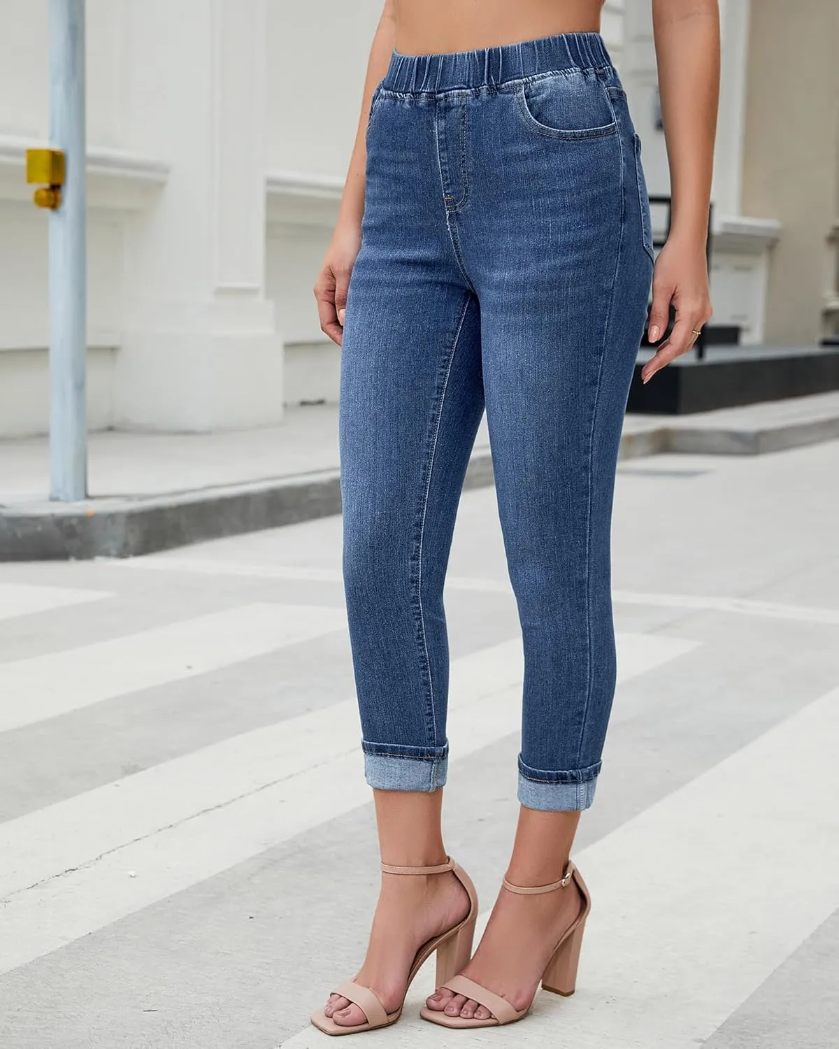 Vetinee Capris Jeans for Women High Waisted Pull On Elastic Waist Skinny Stretchy Denim Capri Pants Rolled Cropped Jeans
