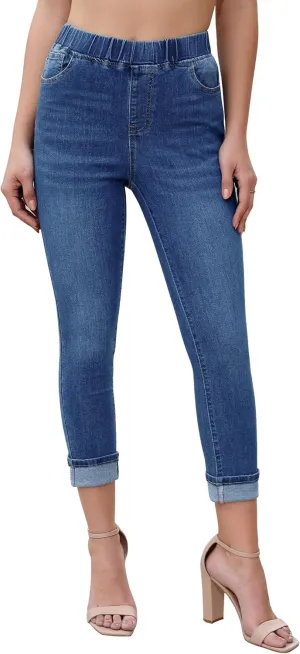 Vetinee Capris Jeans for Women High Waisted Pull On Elastic Waist Skinny Stretchy Denim Capri Pants Rolled Cropped Jeans