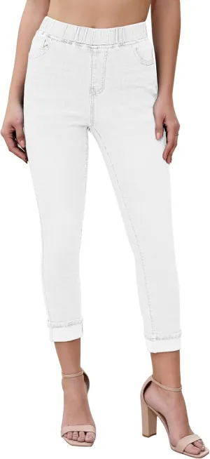 Vetinee Capris Jeans for Women High Waisted Pull On Elastic Waist Skinny Stretchy Denim Capri Pants Rolled Cropped Jeans