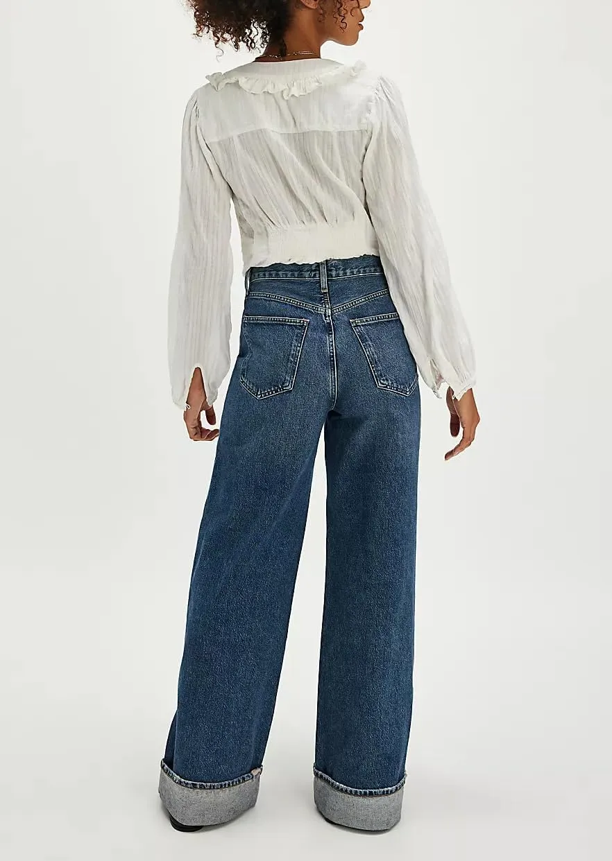 Vintage Baggy Barrel Jeans Mid Rise Wide Leg Boyfriend Horseshoe Jeans for Women Loose Fit Y2k Cuffed Cropped Pants