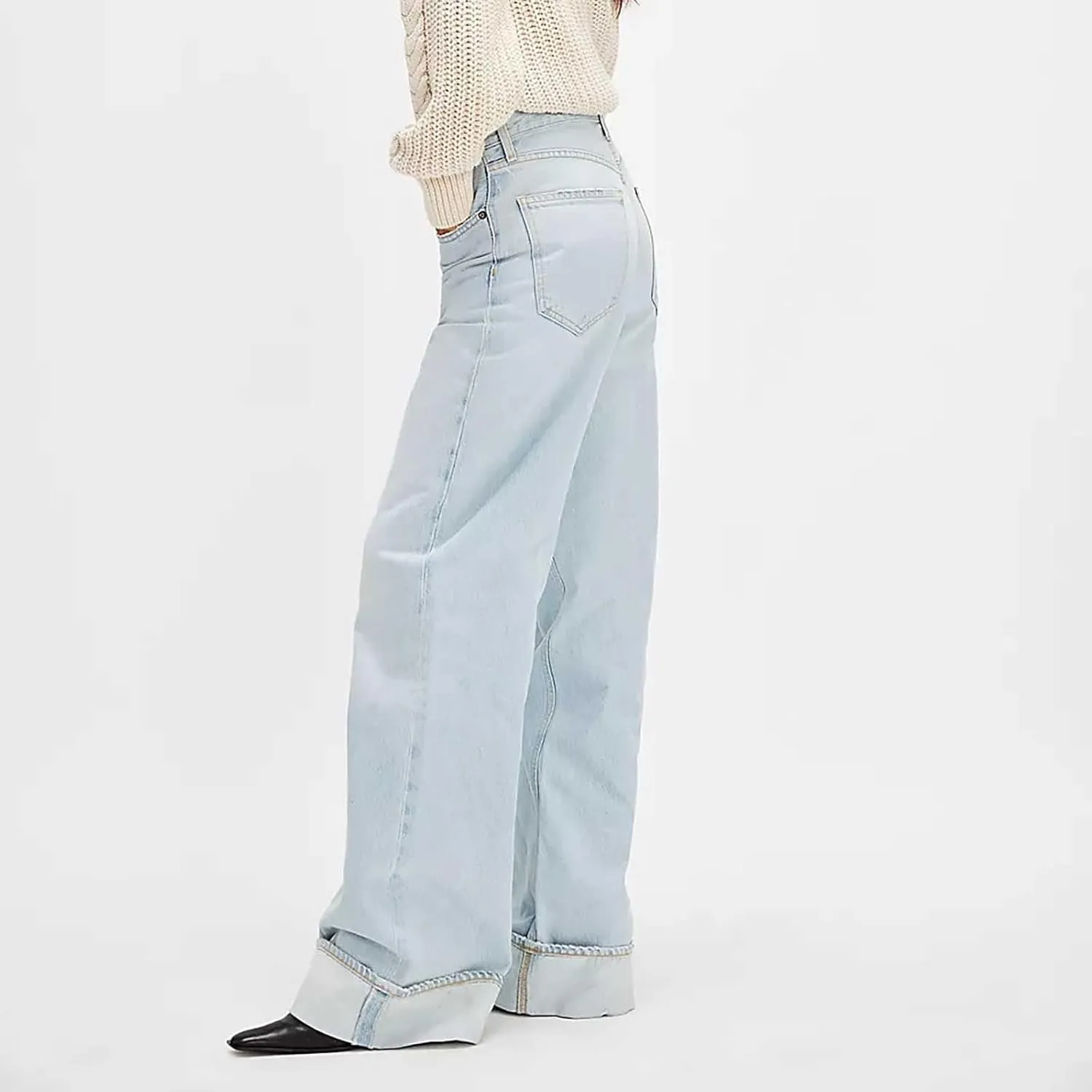 Vintage Baggy Barrel Jeans Mid Rise Wide Leg Boyfriend Jeans for Women Loose Fit Cuffed Cropped Denim Pants Trousers