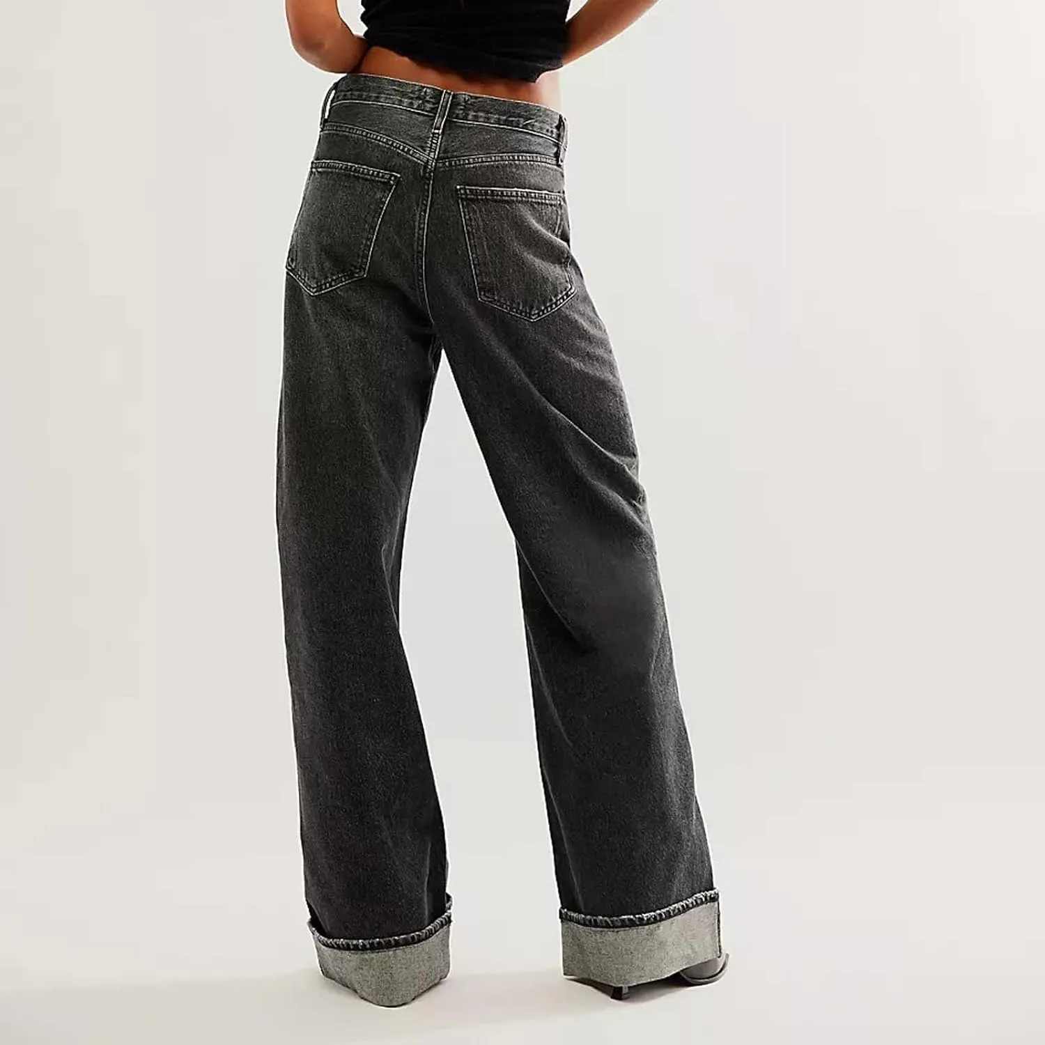 Vintage Baggy Barrel Jeans Mid Rise Wide Leg Boyfriend Jeans for Women Loose Fit Cuffed Cropped Denim Pants Trousers