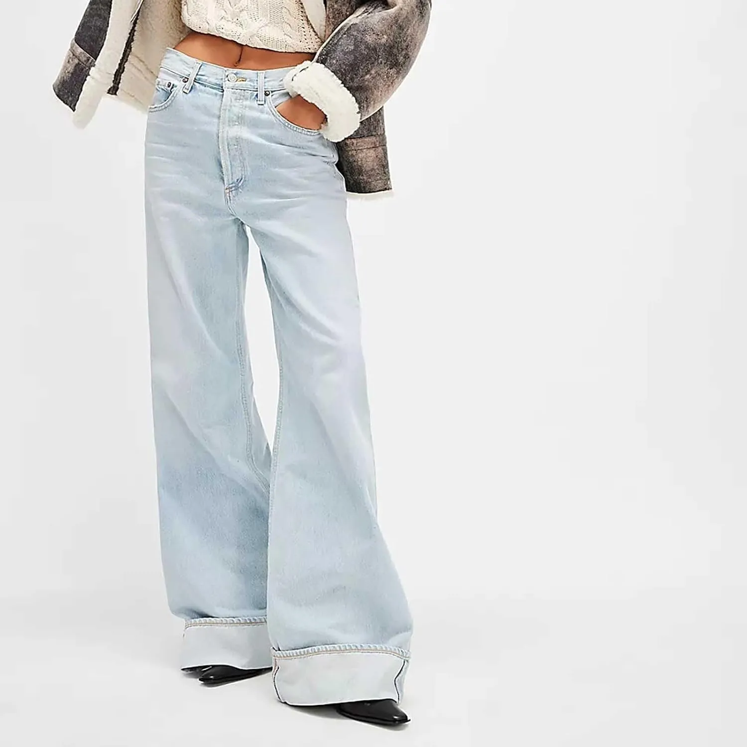 Vintage Baggy Barrel Jeans Mid Rise Wide Leg Boyfriend Jeans for Women Loose Fit Cuffed Cropped Denim Pants Trousers