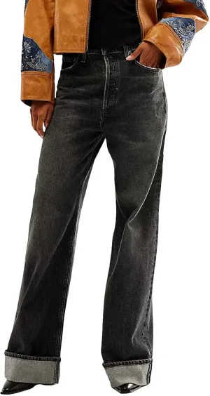 Vintage Baggy Barrel Jeans Mid Rise Wide Leg Boyfriend Jeans for Women Loose Fit Cuffed Cropped Denim Pants Trousers