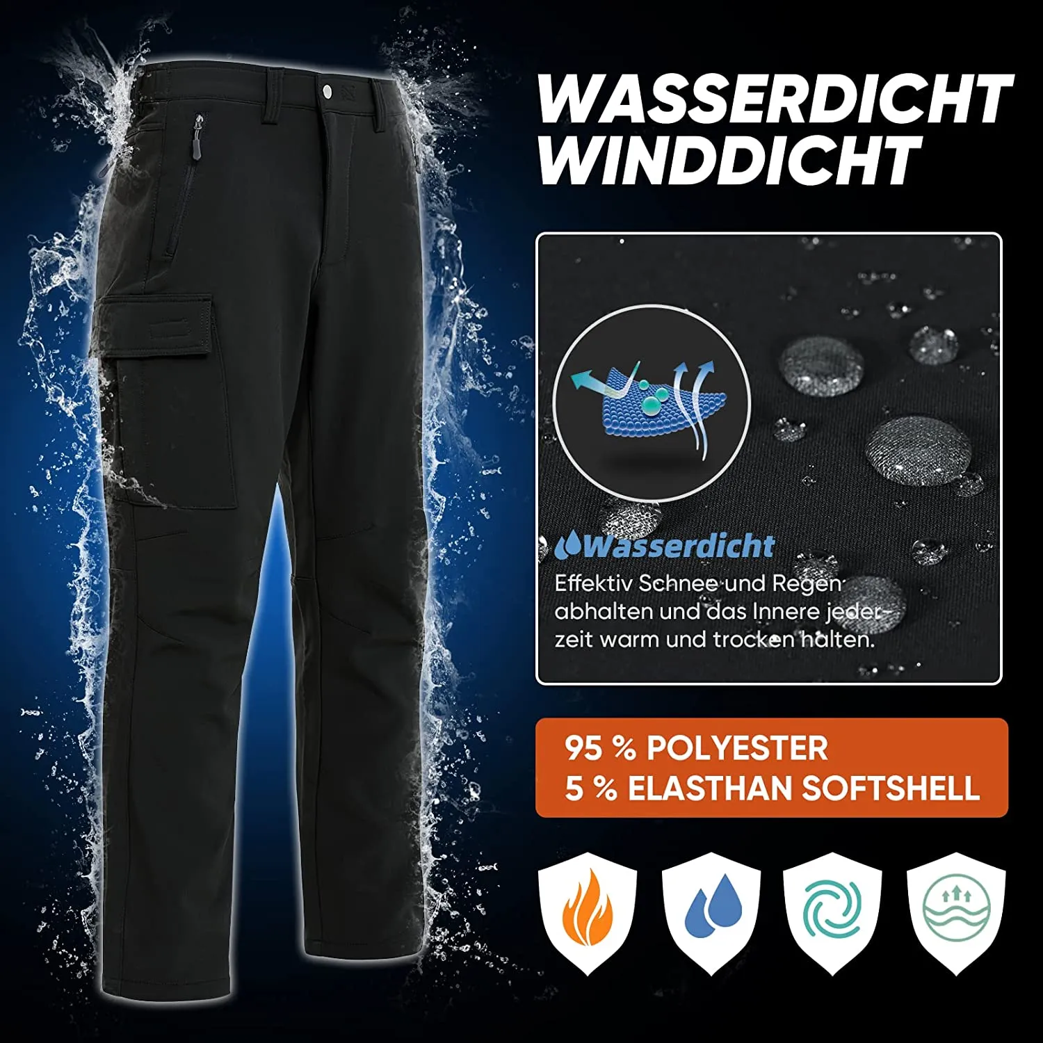 Vzteek Herren Wanderhose Thermo Softshellhose Wasserdicht Outdoorhose Winter Warm gefüttert Trekkinghose Winddichte Skihose 4wegestretch Schneehose, Fahrrad,Skifahren, Hundesport