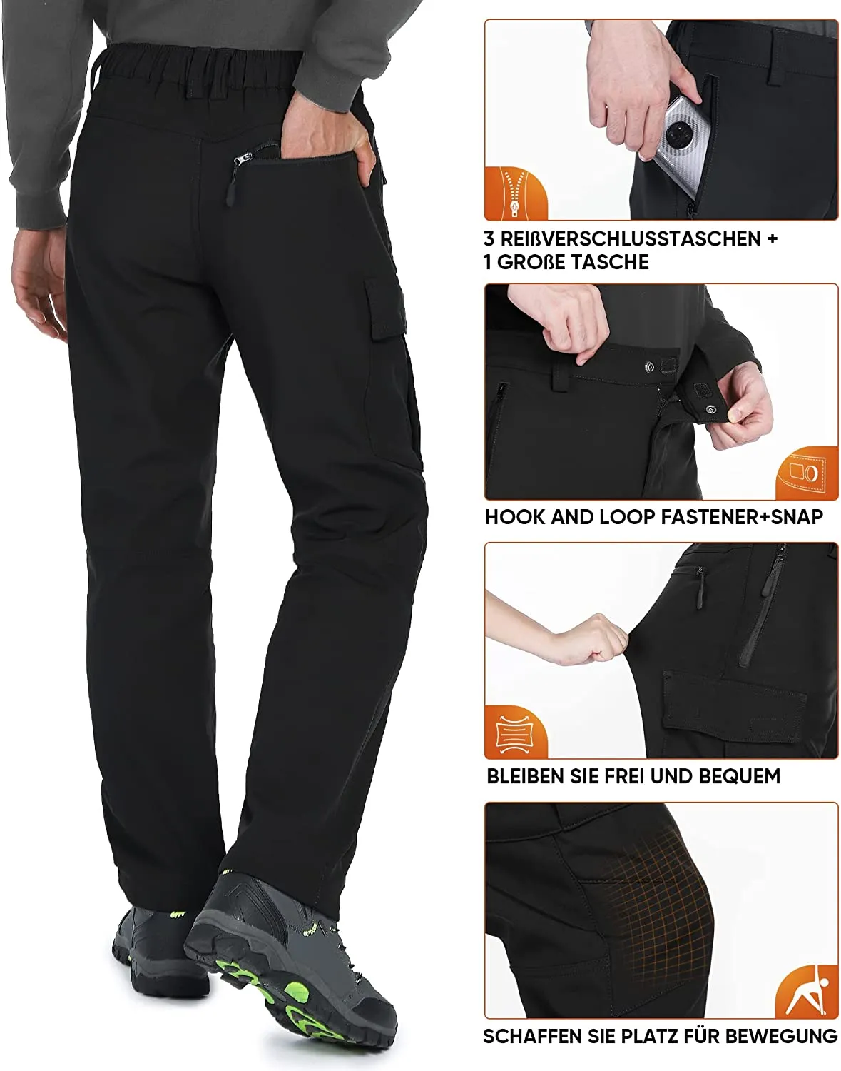 Vzteek Herren Wanderhose Thermo Softshellhose Wasserdicht Outdoorhose Winter Warm gefüttert Trekkinghose Winddichte Skihose 4wegestretch Schneehose, Fahrrad,Skifahren, Hundesport