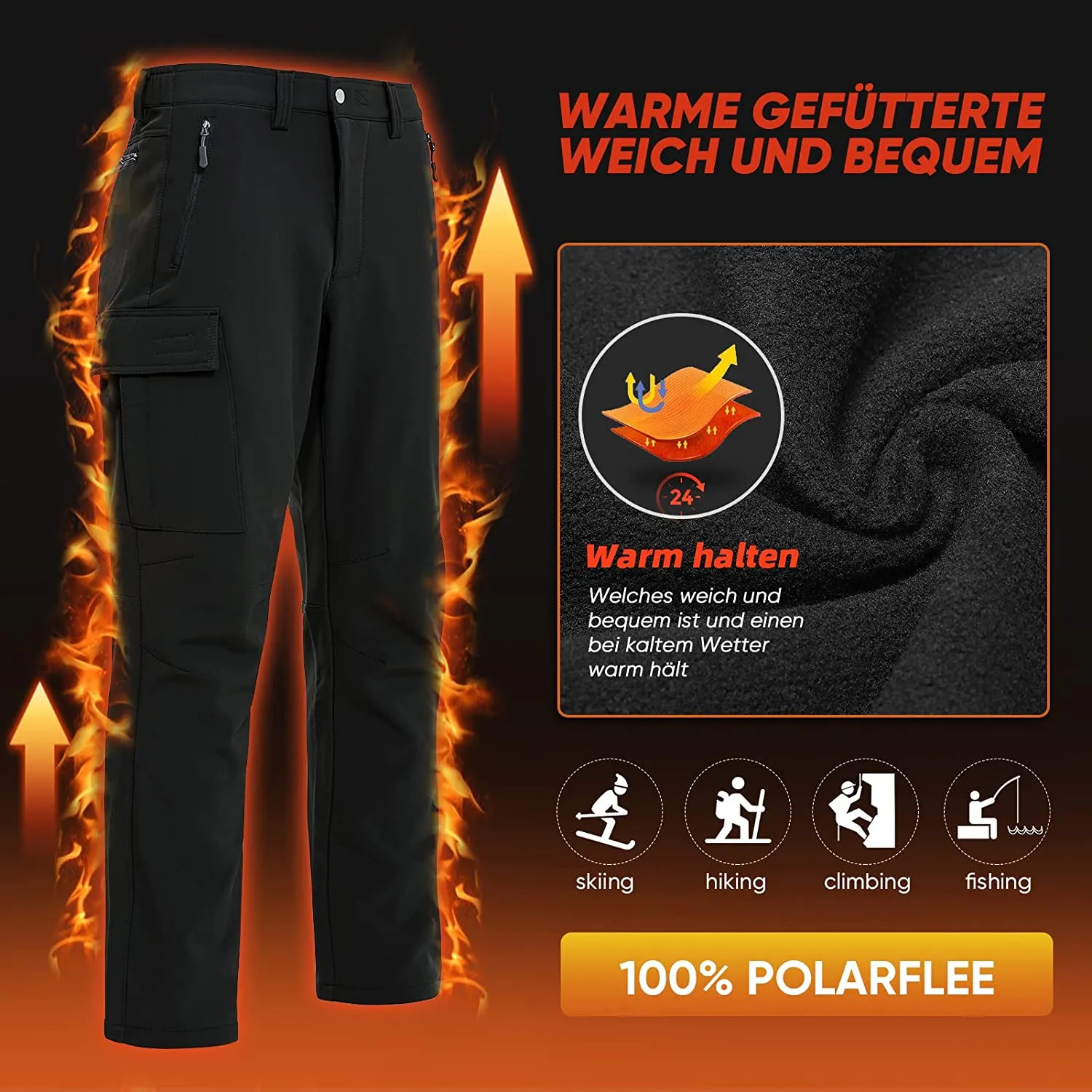 Vzteek Herren Wanderhose Thermo Softshellhose Wasserdicht Outdoorhose Winter Warm gefüttert Trekkinghose Winddichte Skihose 4wegestretch Schneehose, Fahrrad,Skifahren, Hundesport
