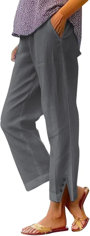 White Linen Pants Women Elastic Pants Long Drawstring Linen Women Waist Cotton Casual Slit Trouser Legs Pants