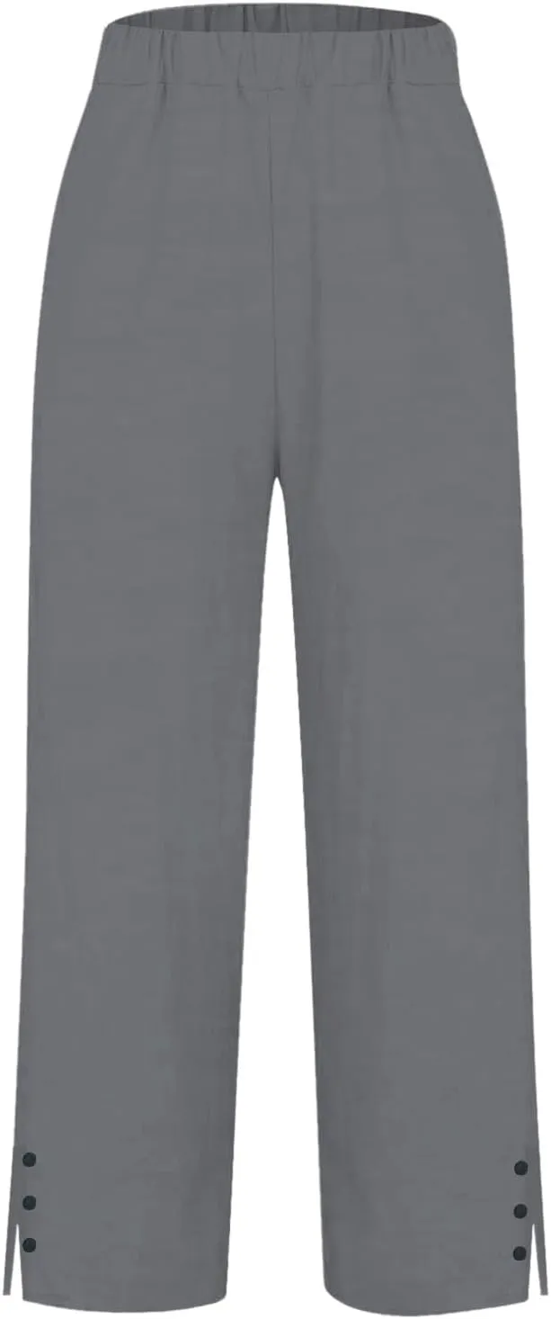 White Linen Pants Women Elastic Pants Long Drawstring Linen Women Waist Cotton Casual Slit Trouser Legs Pants