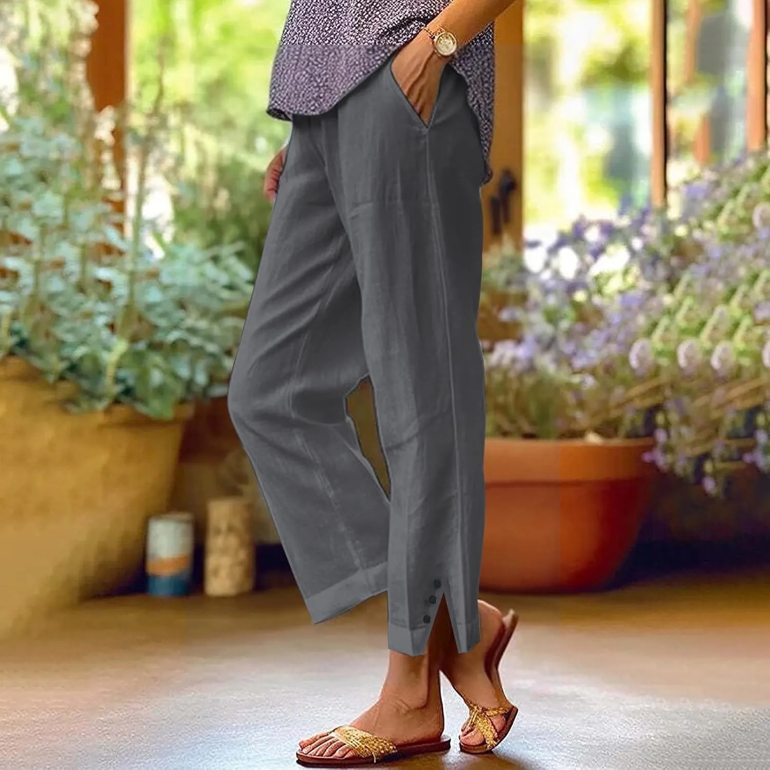 White Linen Pants Women Elastic Pants Long Drawstring Linen Women Waist Cotton Casual Slit Trouser Legs Pants