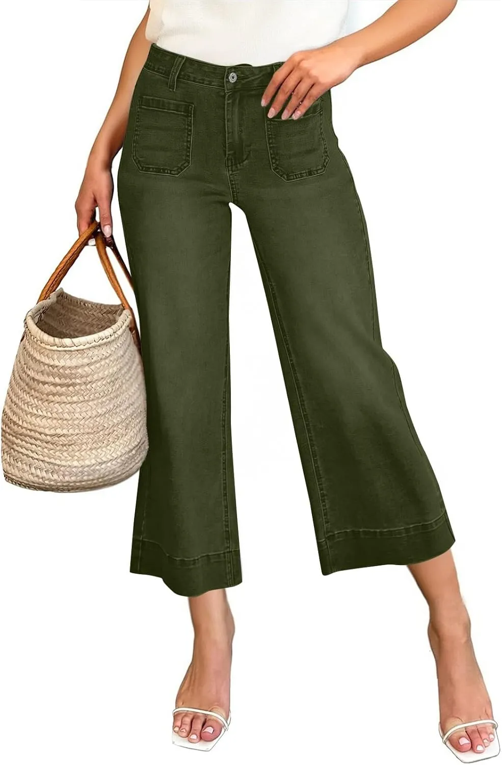 Wide Leg Cropped Jeans for Women Bootcut High Waisted Flare Jeans Stretchy Baggy Denim Pants with Front Patch Pockets