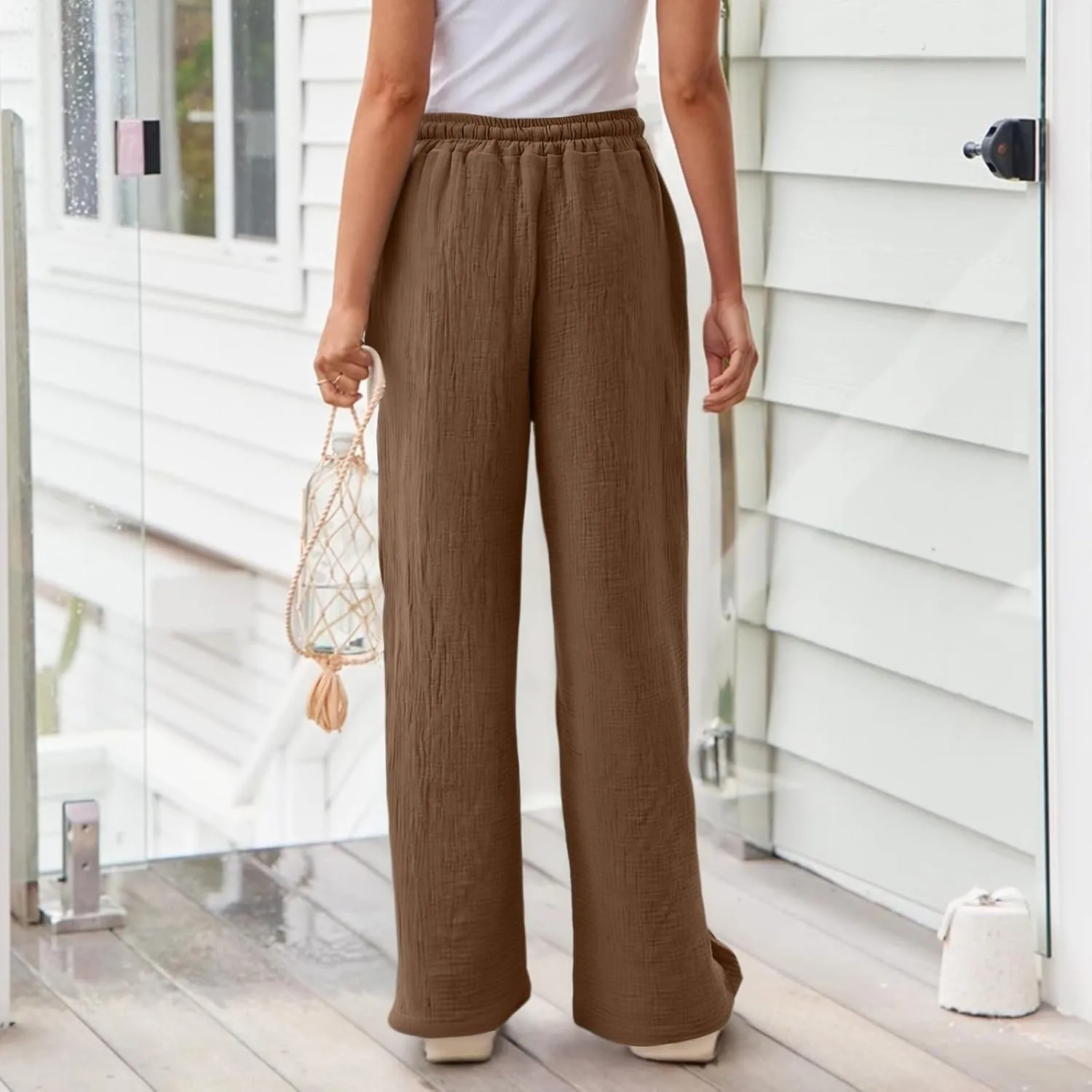 Wide Leg Linen Pants for Women Casual Elastic Waist Loose Fit Flowy Palazzo Pants Comfy Summer Beach Pant with Pockets