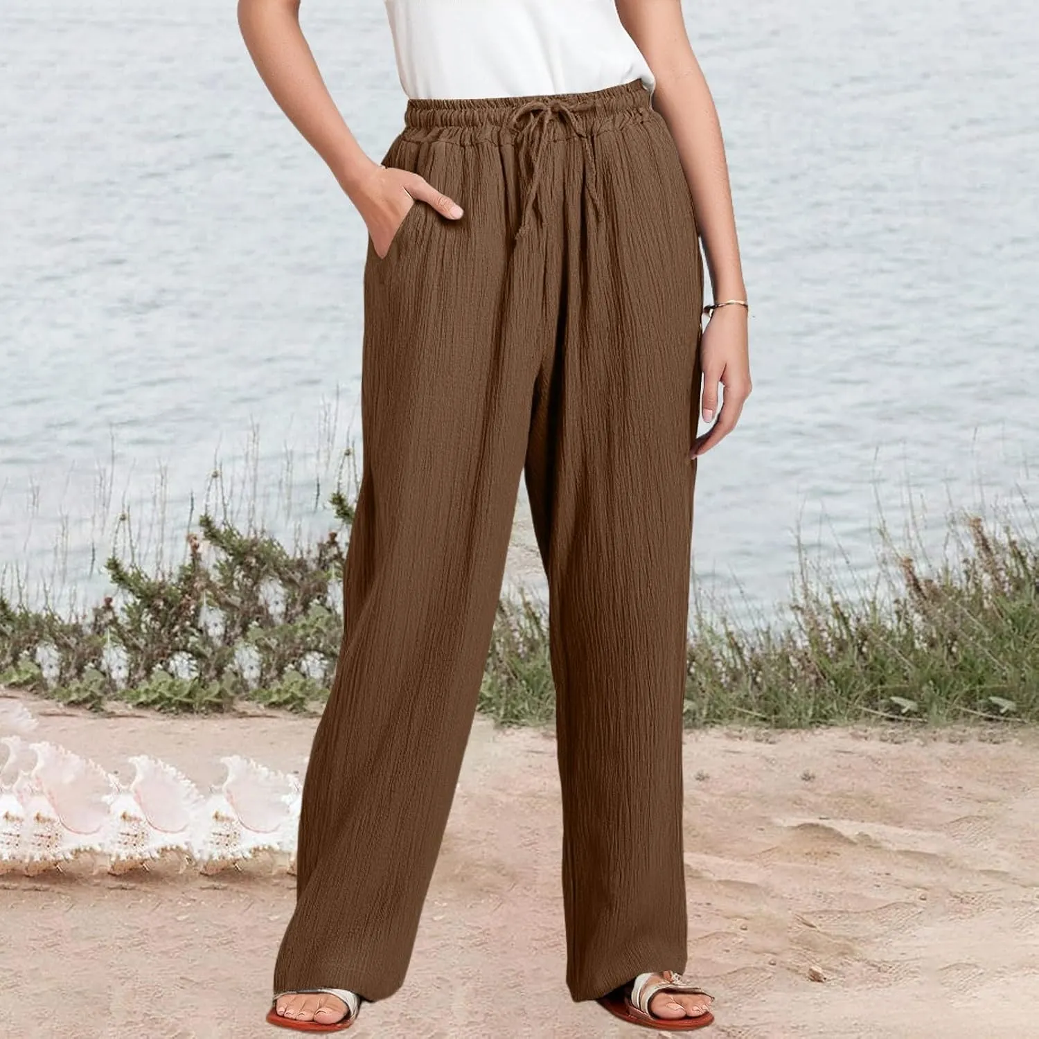 Wide Leg Linen Pants for Women Casual Elastic Waist Loose Fit Flowy Palazzo Pants Comfy Summer Beach Pant with Pockets