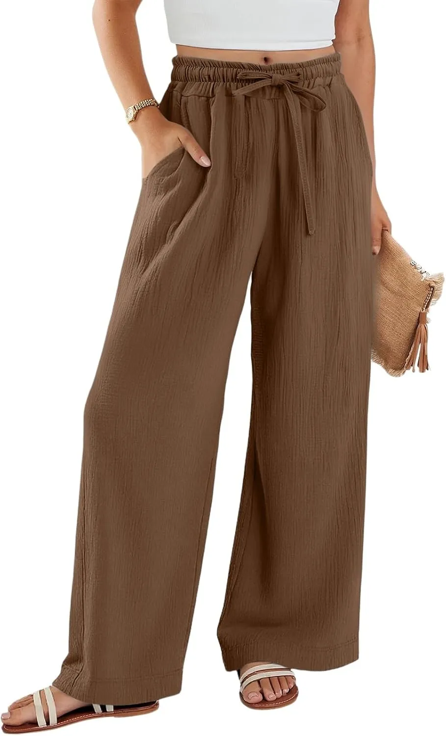 Wide Leg Linen Pants for Women Casual Elastic Waist Loose Fit Flowy Palazzo Pants Comfy Summer Beach Pant with Pockets