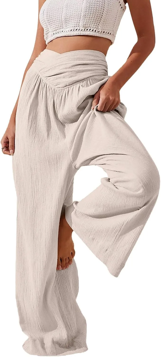Wide Leg Palazzo Pants for Women Cotton Linen Crossover High Waisst Dressy Trousers with Pockets Lightweight Loose Yoga Pants