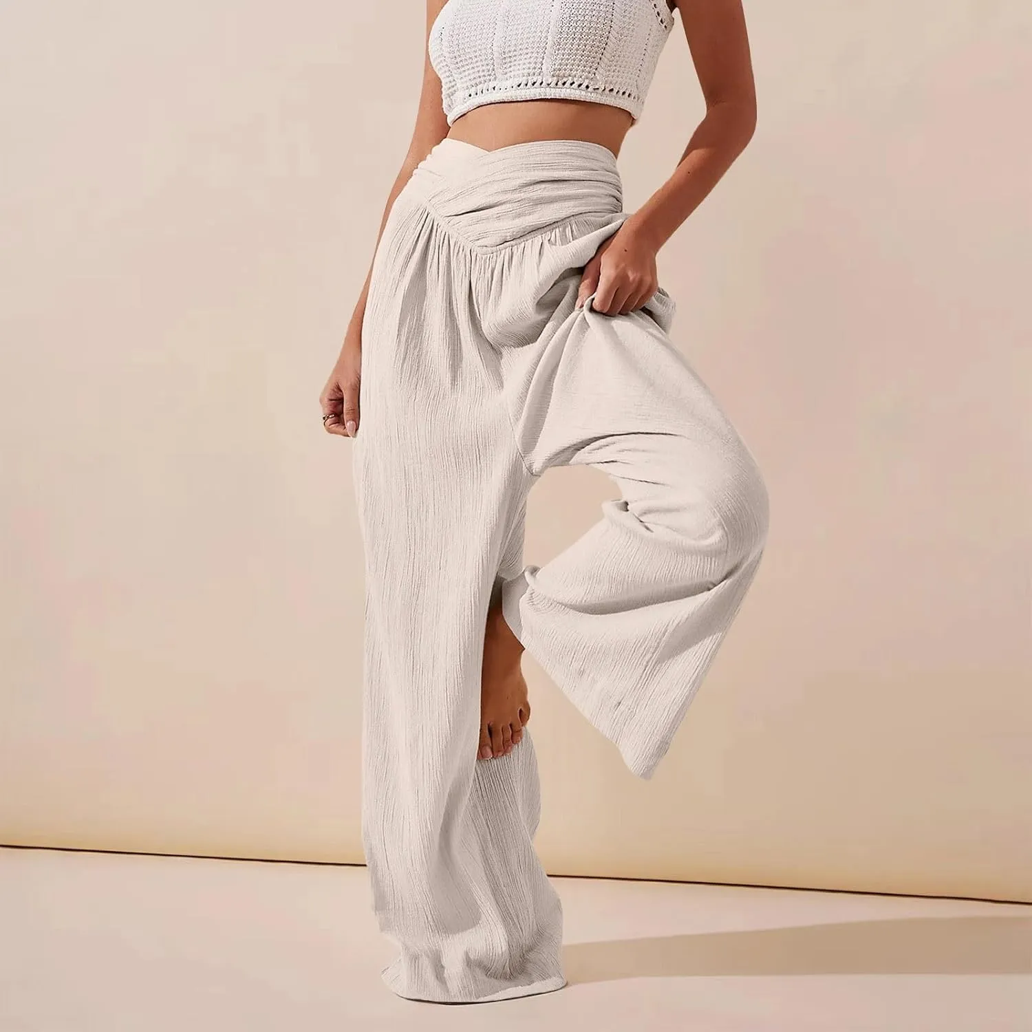 Wide Leg Palazzo Pants for Women Cotton Linen Crossover High Waisst Dressy Trousers with Pockets Lightweight Loose Yoga Pants