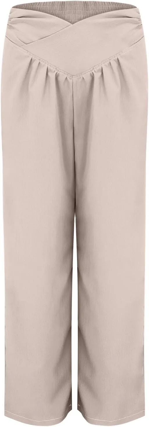 Wide Leg Palazzo Pants for Women Cotton Linen Crossover High Waisst Dressy Trousers with Pockets Lightweight Loose Yoga Pants
