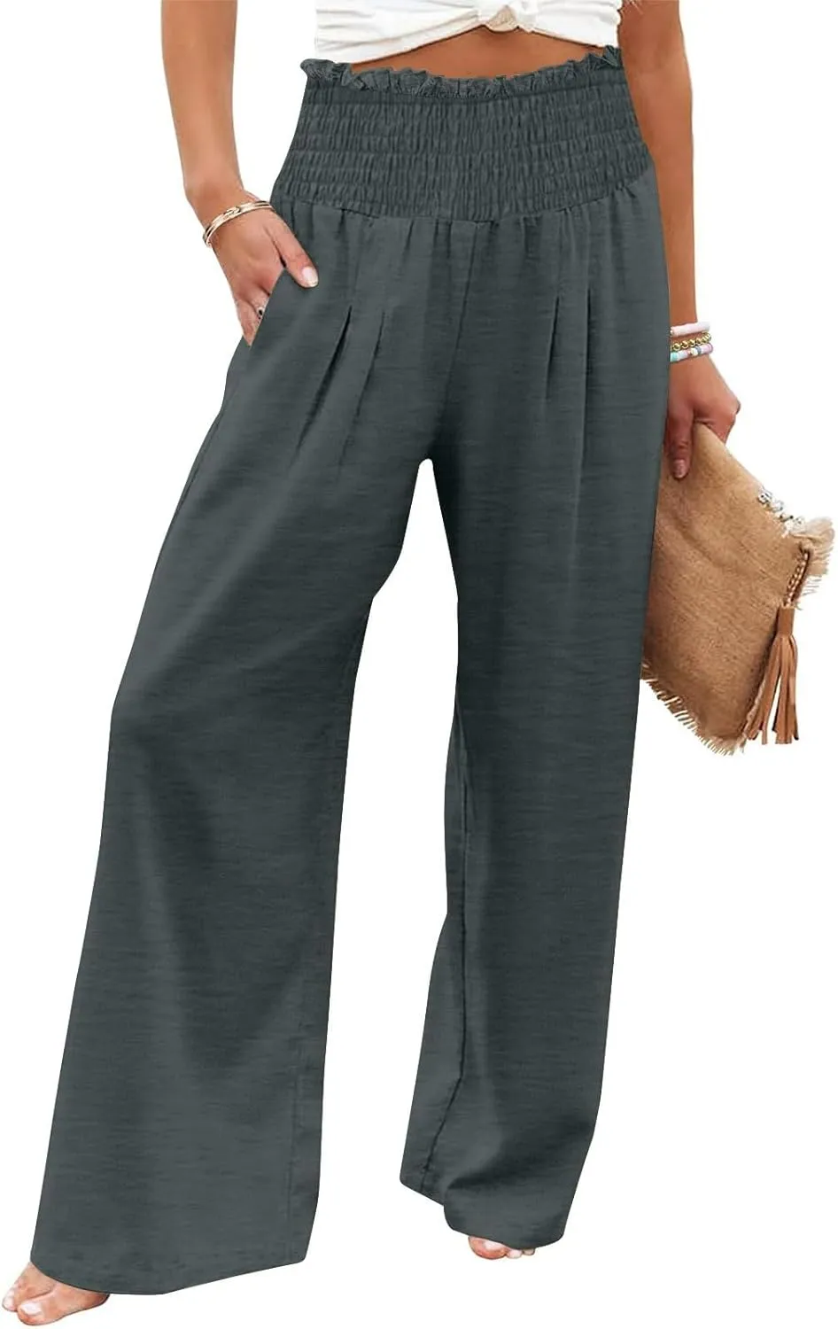 Wide Leg Palazzo Pants for Women Cotton Linen Smocked High Waisted Flowy Loose Casual Lounge Trousers with Pockets