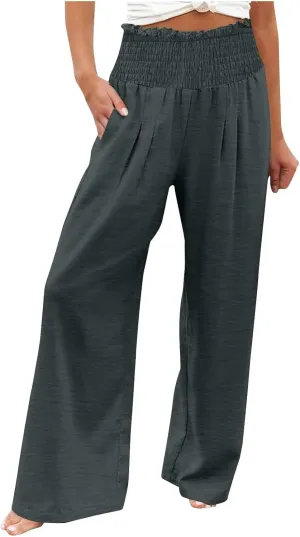 Wide Leg Palazzo Pants for Women Cotton Linen Smocked High Waisted Flowy Loose Casual Lounge Trousers with Pockets