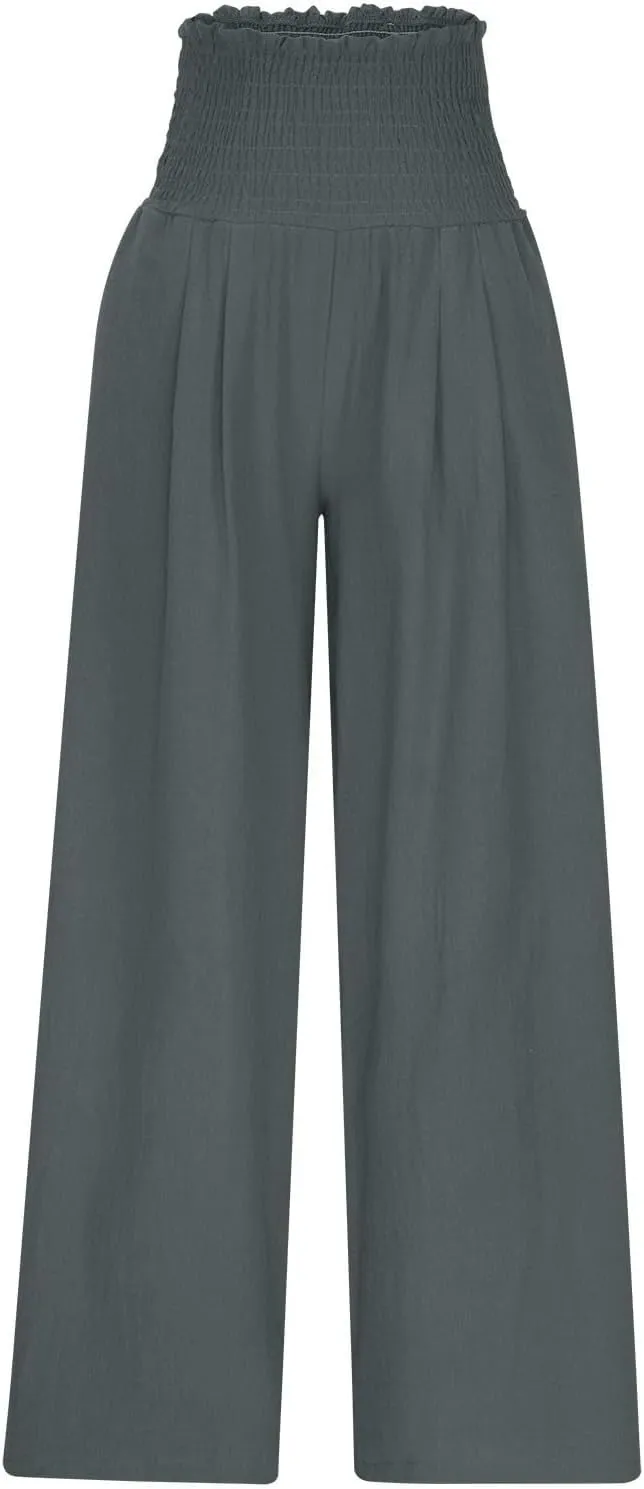 Wide Leg Palazzo Pants for Women Cotton Linen Smocked High Waisted Flowy Loose Casual Lounge Trousers with Pockets