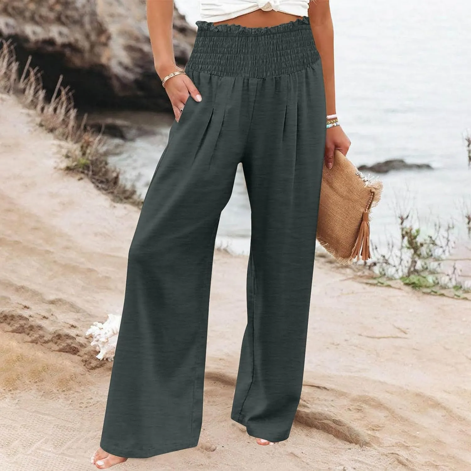 Wide Leg Palazzo Pants for Women Cotton Linen Smocked High Waisted Flowy Loose Casual Lounge Trousers with Pockets