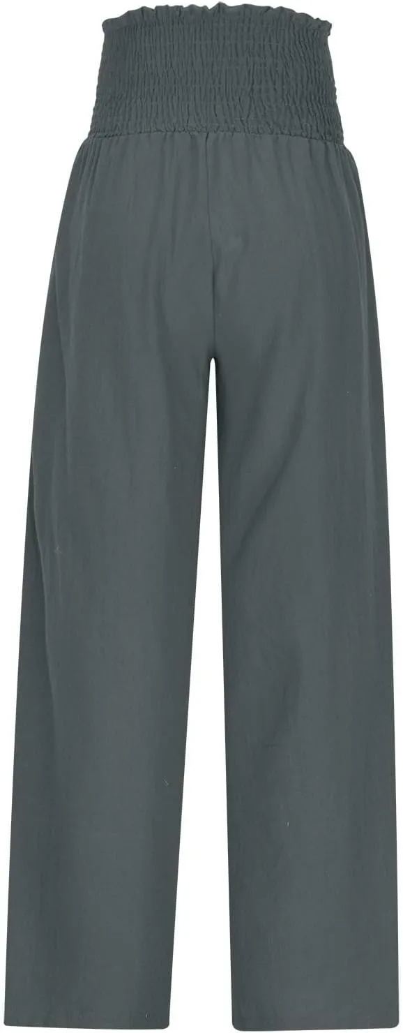 Wide Leg Palazzo Pants for Women Cotton Linen Smocked High Waisted Flowy Loose Casual Lounge Trousers with Pockets
