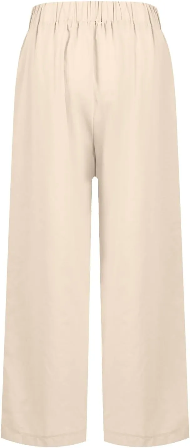 Wide Leg Pants Woman Casual Linen Elastic Waisted Pants Straight Loose Comfy Trousers Solid Sweatpants with Pocket