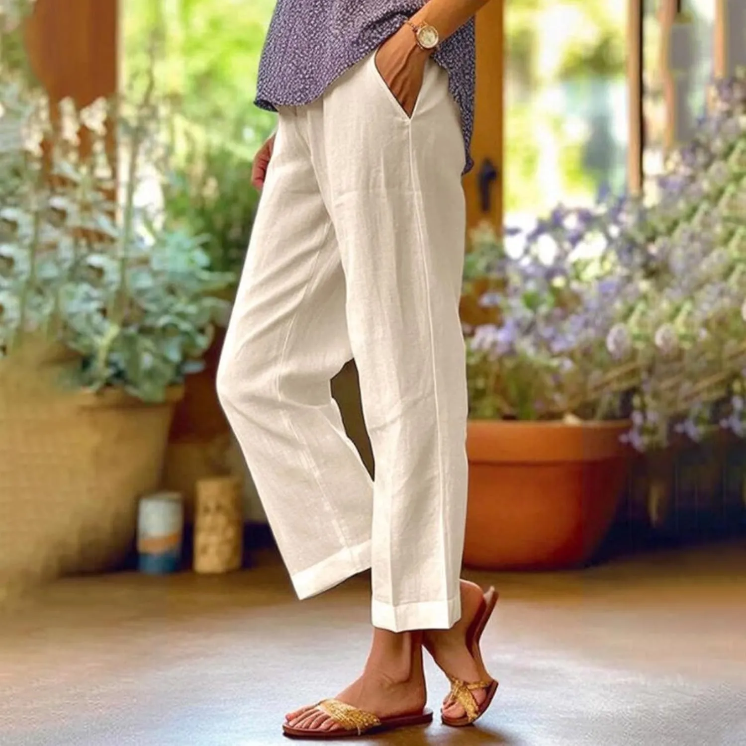 Wide Leg Pants Woman Casual Linen Elastic Waisted Pants Straight Loose Comfy Trousers Solid Sweatpants with Pocket