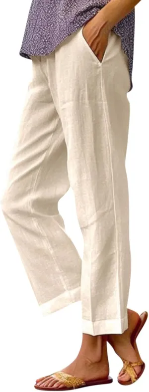 Wide Leg Pants Woman Casual Linen Elastic Waisted Pants Straight Loose Comfy Trousers Solid Sweatpants with Pocket