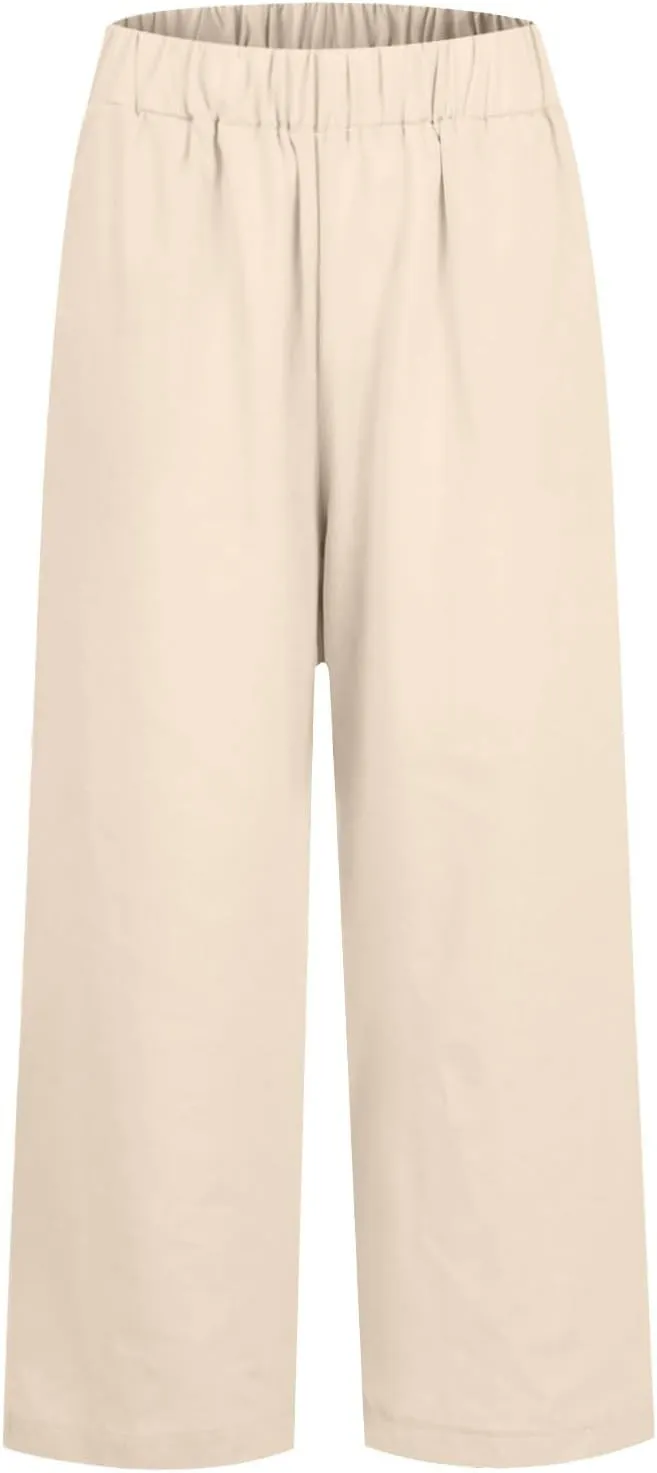 Wide Leg Pants Woman Casual Linen Elastic Waisted Pants Straight Loose Comfy Trousers Solid Sweatpants with Pocket