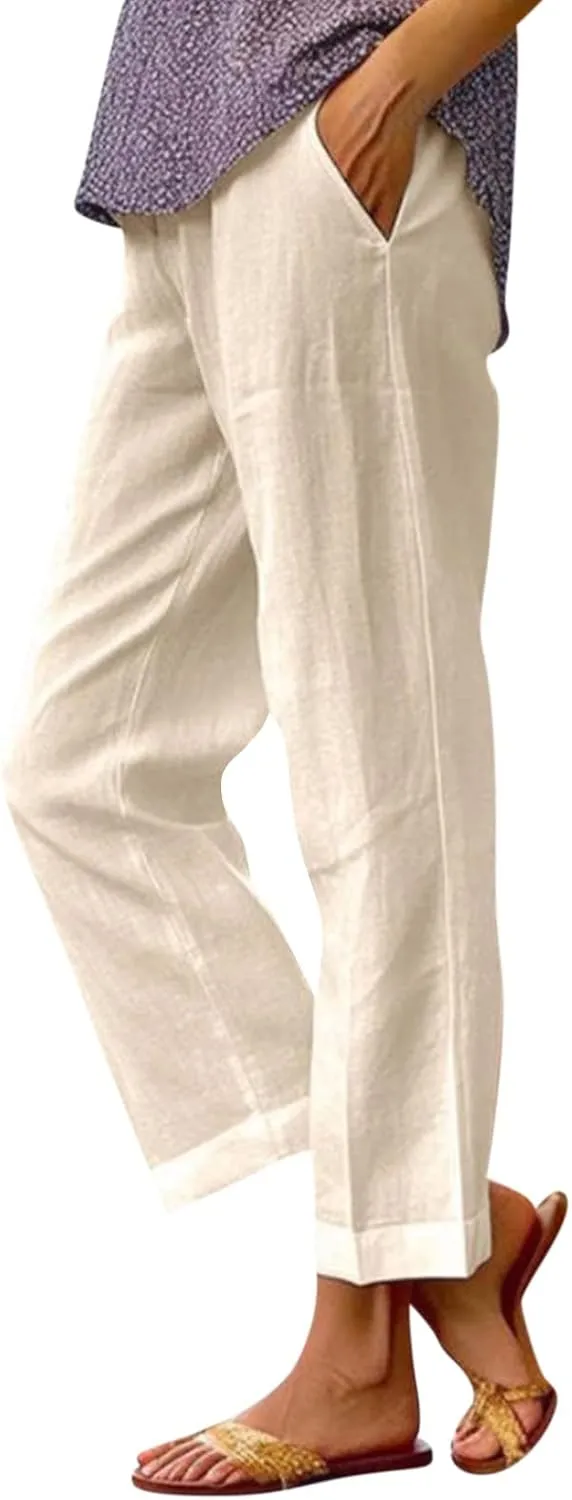 Wide Leg Pants Woman Casual Linen Elastic Waisted Pants Straight Loose Comfy Trousers Solid Sweatpants with Pocket