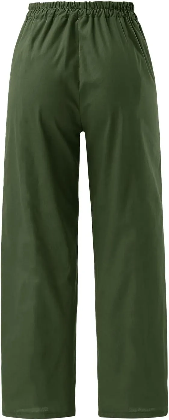 Wide Leg Pants Woman Casual Loose Fit Summer Flowy Solid Color High Waisted Linen Wide Leg Pants Work Lounge Pockets Trousers