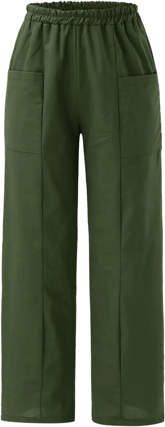 Wide Leg Pants Woman Casual Loose Fit Summer Flowy Solid Color High Waisted Linen Wide Leg Pants Work Lounge Pockets Trousers