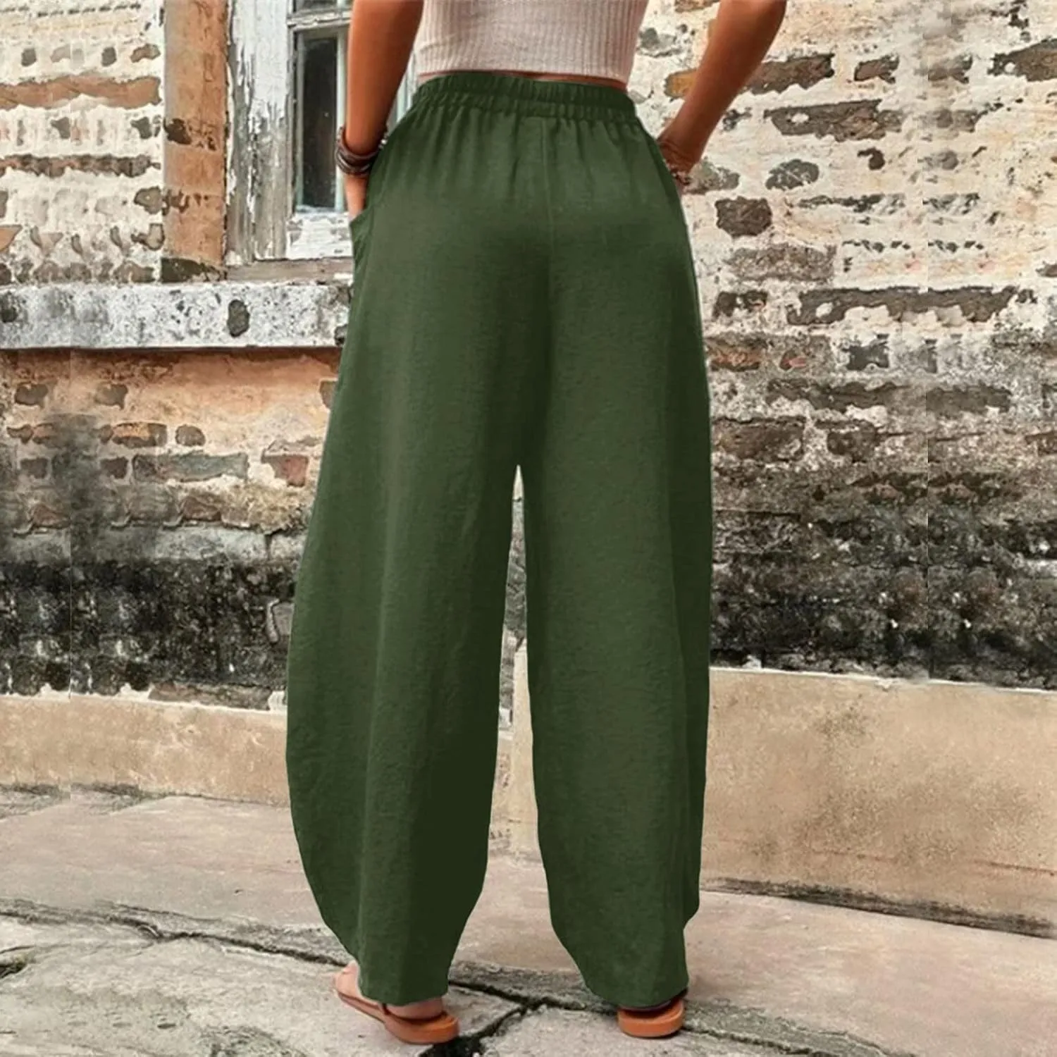 Wide Leg Pants Woman Casual Loose Fit Summer Flowy Solid Color High Waisted Linen Wide Leg Pants Work Lounge Pockets Trousers