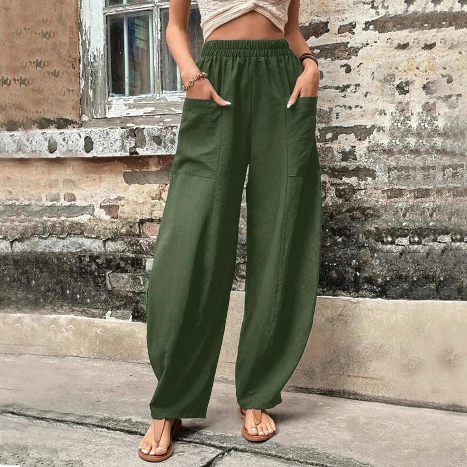 Wide Leg Pants Woman Casual Loose Fit Summer Flowy Solid Color High Waisted Linen Wide Leg Pants Work Lounge Pockets Trousers