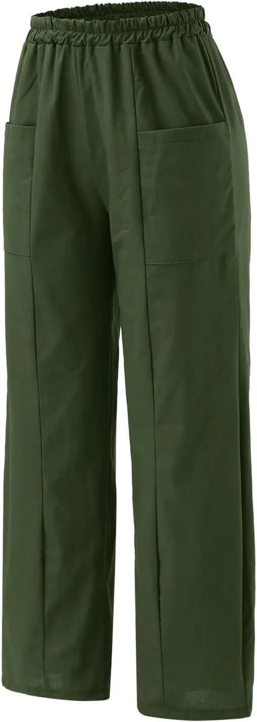 Wide Leg Pants Woman Casual Loose Fit Summer Flowy Solid Color High Waisted Linen Wide Leg Pants Work Lounge Pockets Trousers