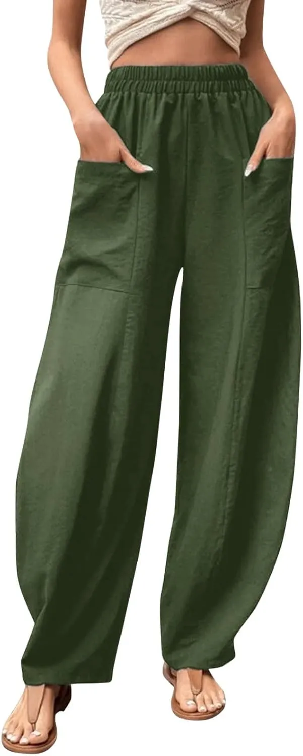 Wide Leg Pants Woman Casual Loose Fit Summer Flowy Solid Color High Waisted Linen Wide Leg Pants Work Lounge Pockets Trousers
