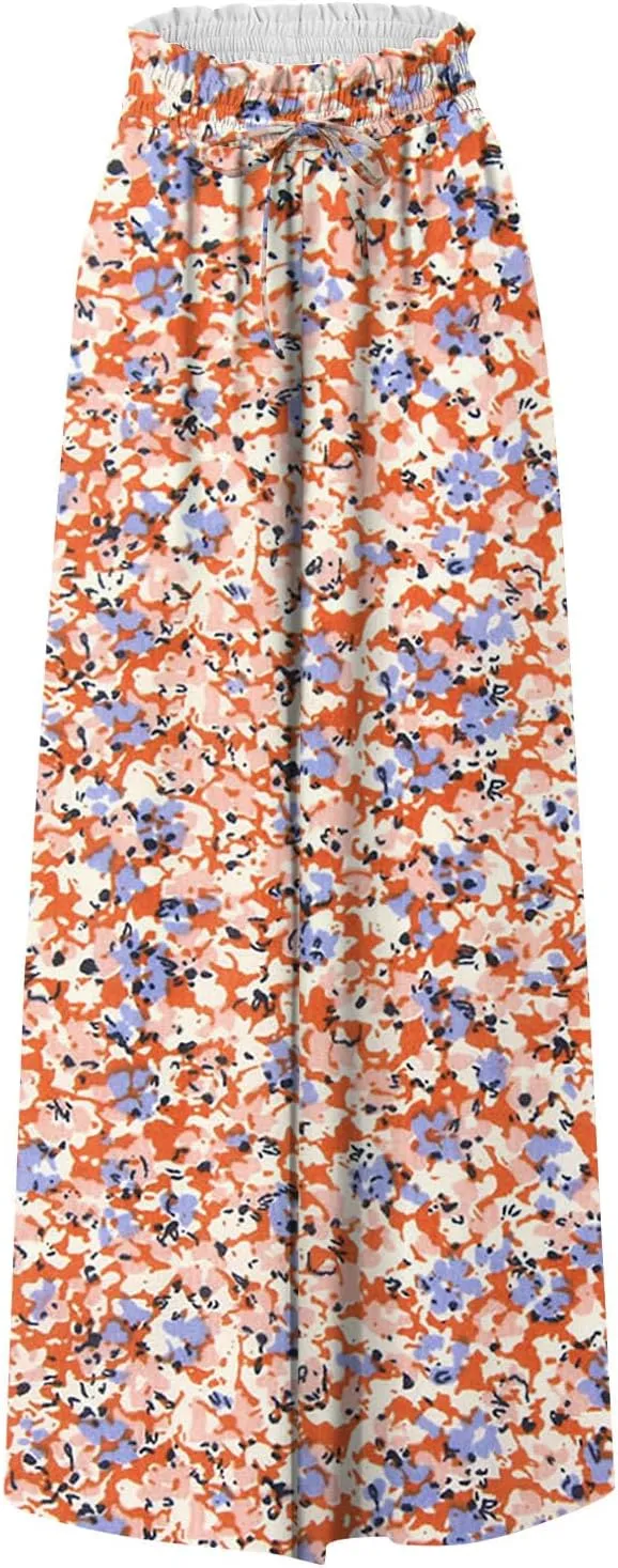 Wide Leg Slacks for Women,Summer Boho Beach Palazzo Pants Floral Print Casual Flowy Loose Lounge Trouser with Pocket