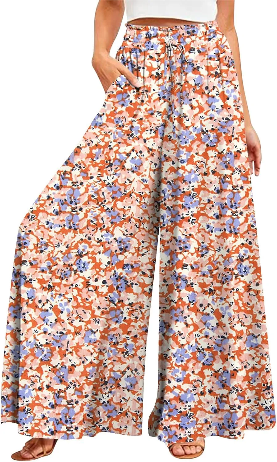 Wide Leg Slacks for Women,Summer Boho Beach Palazzo Pants Floral Print Casual Flowy Loose Lounge Trouser with Pocket