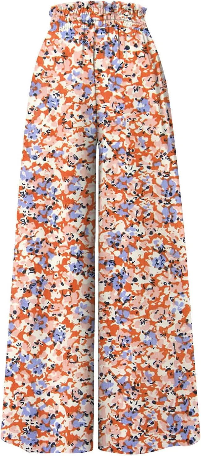 Wide Leg Slacks for Women,Summer Boho Beach Palazzo Pants Floral Print Casual Flowy Loose Lounge Trouser with Pocket