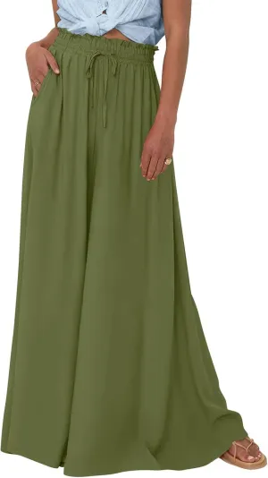 Wide Leg Women Pants Lightweiht Waist Adjustable Drawstring Summer Boho Flowy Palazzo Pants Beach Pants with Pockets