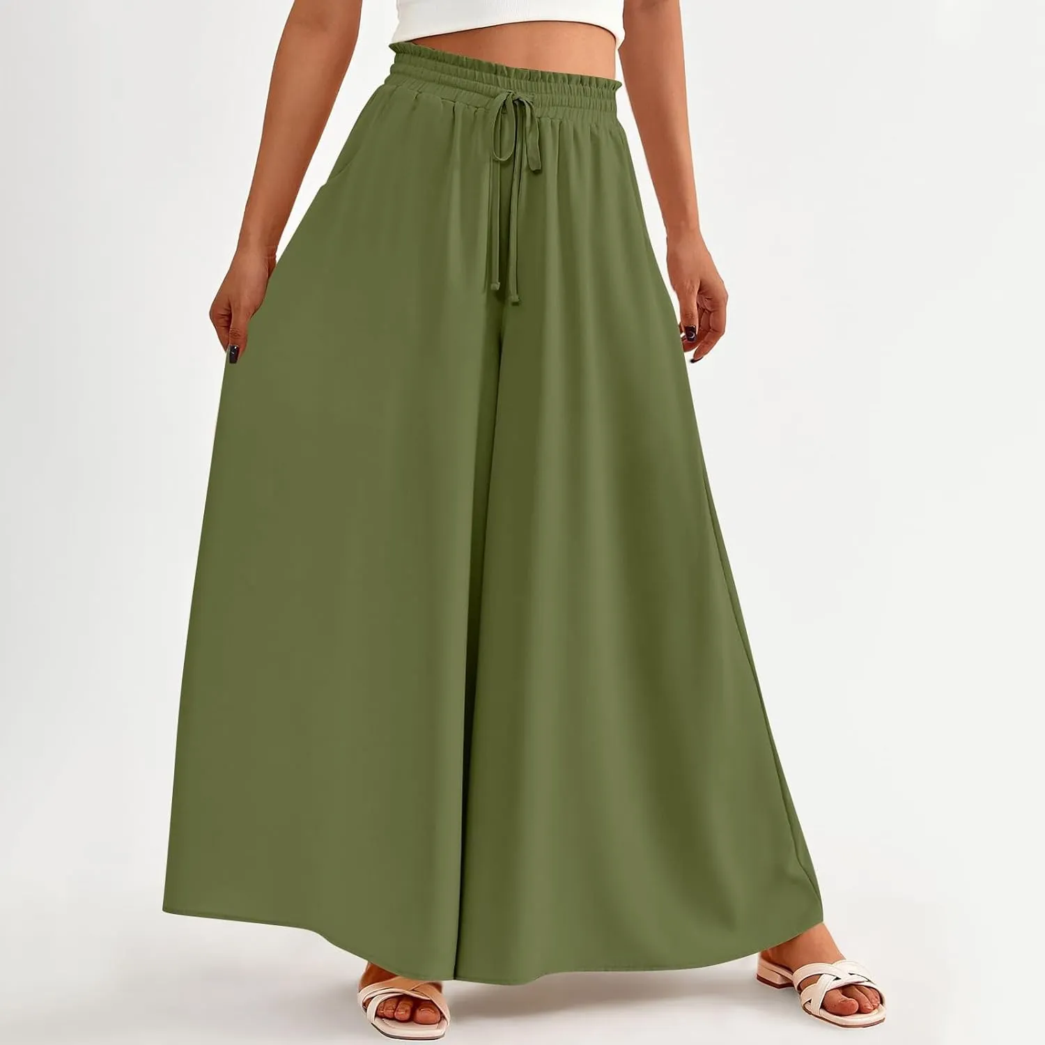 Wide Leg Women Pants Lightweiht Waist Adjustable Drawstring Summer Boho Flowy Palazzo Pants Beach Pants with Pockets