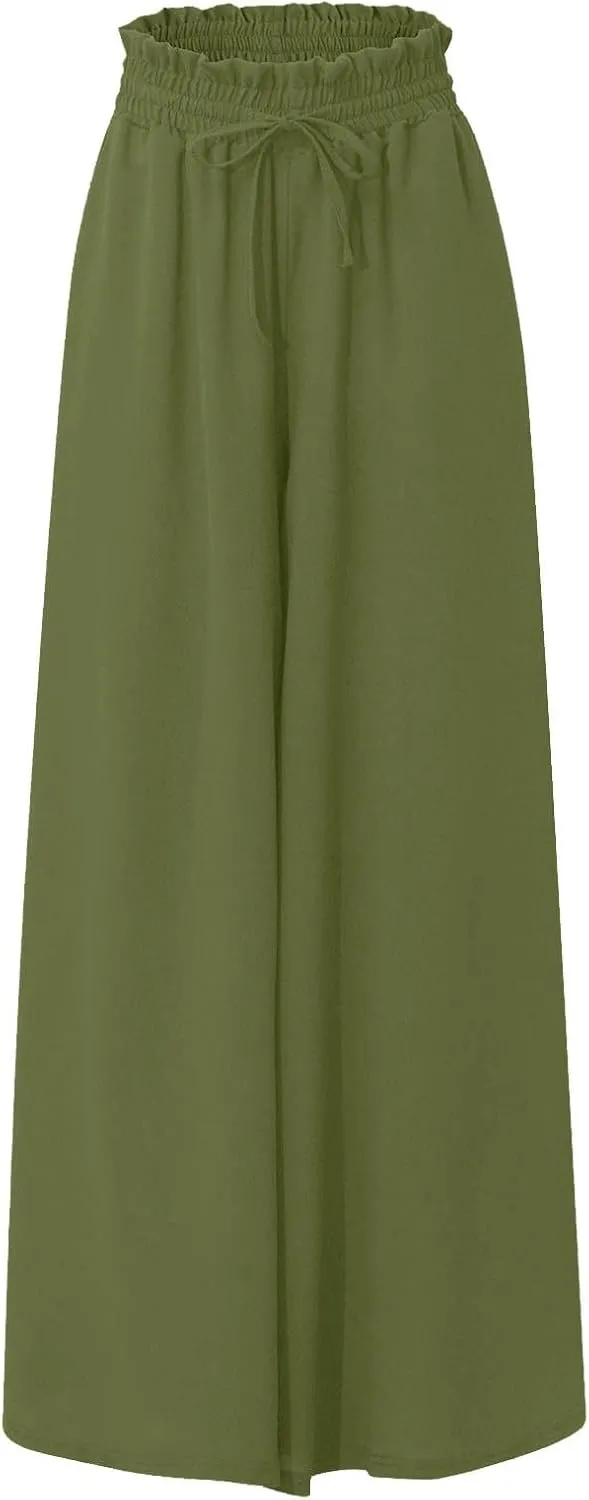 Wide Leg Women Pants Lightweiht Waist Adjustable Drawstring Summer Boho Flowy Palazzo Pants Beach Pants with Pockets