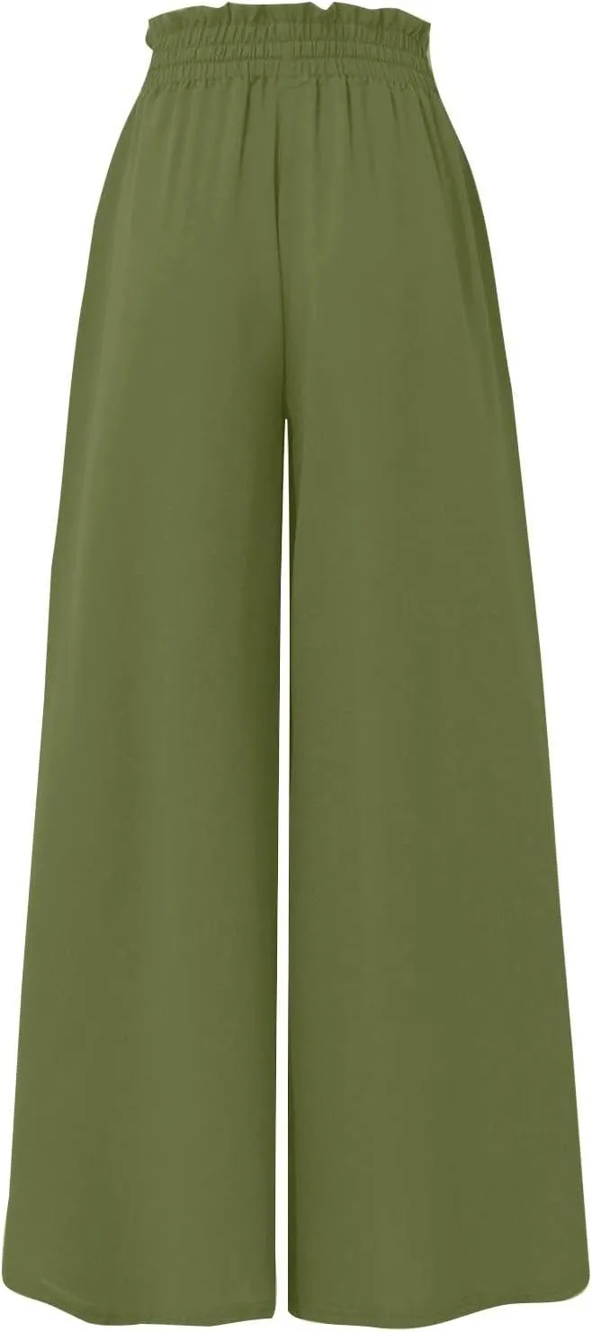 Wide Leg Women Pants Lightweiht Waist Adjustable Drawstring Summer Boho Flowy Palazzo Pants Beach Pants with Pockets