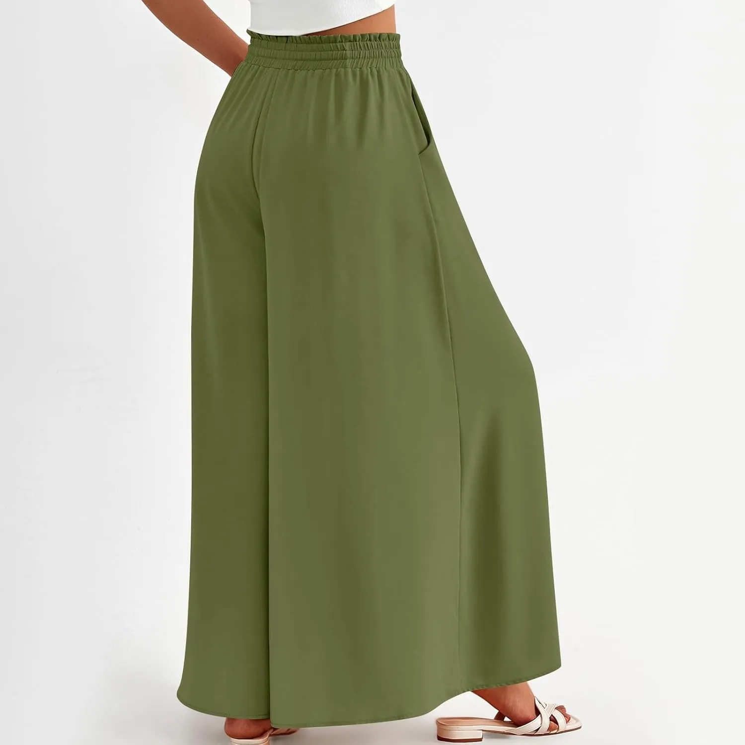 Wide Leg Women Pants Lightweiht Waist Adjustable Drawstring Summer Boho Flowy Palazzo Pants Beach Pants with Pockets