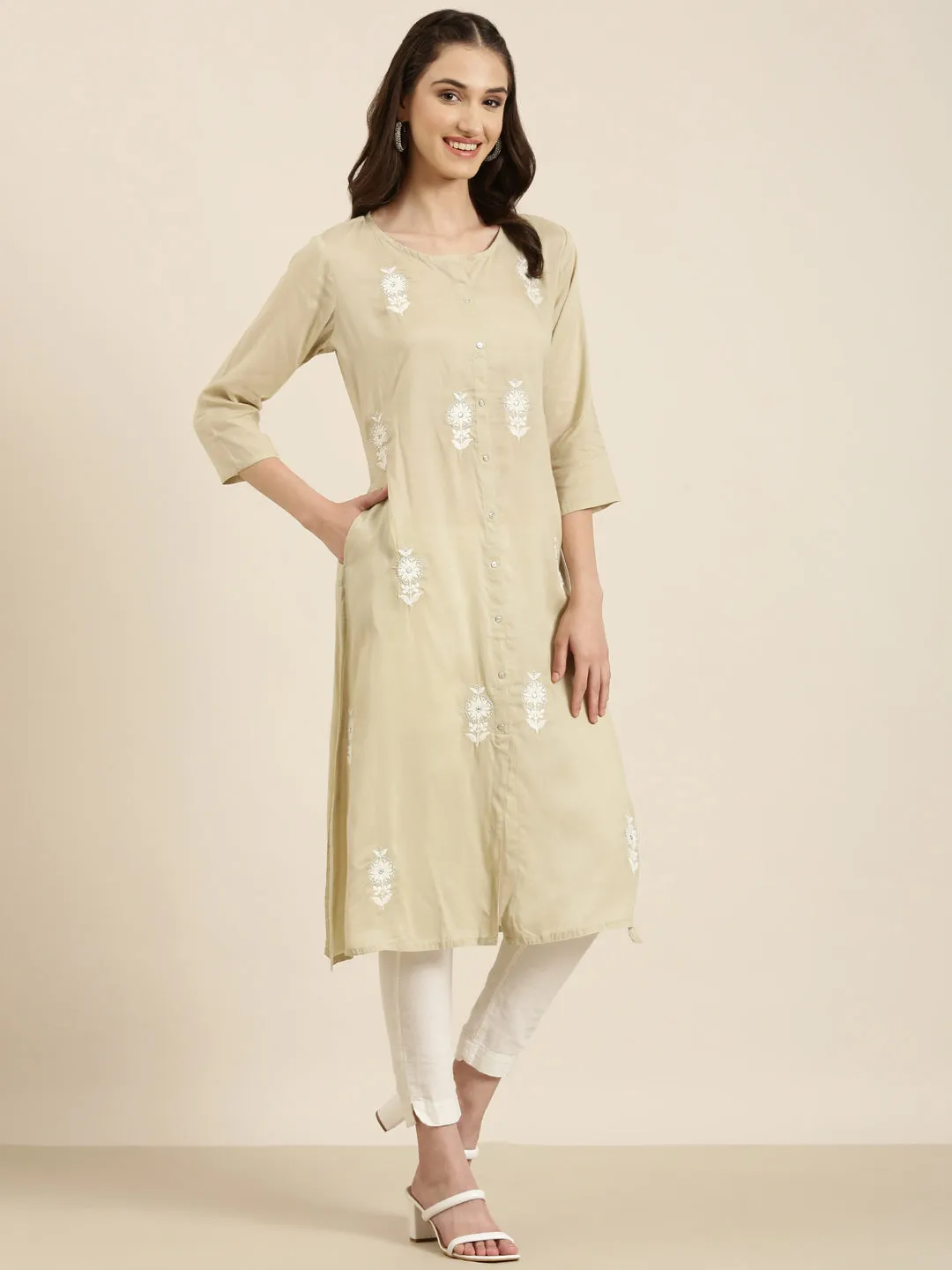 Women Beige Floral Embroidered Sequinned A-Line Kurta