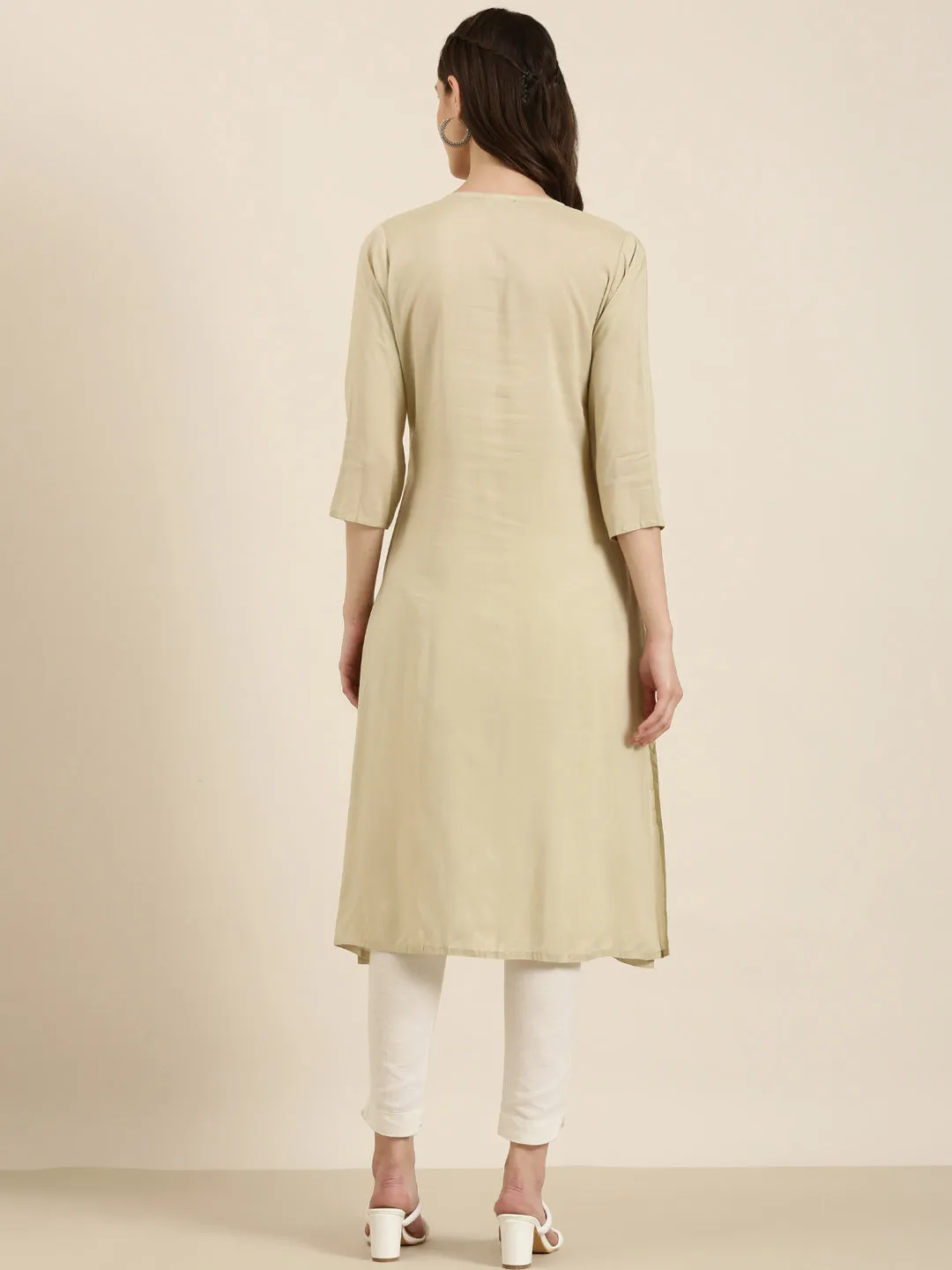 Women Beige Floral Embroidered Sequinned A-Line Kurta